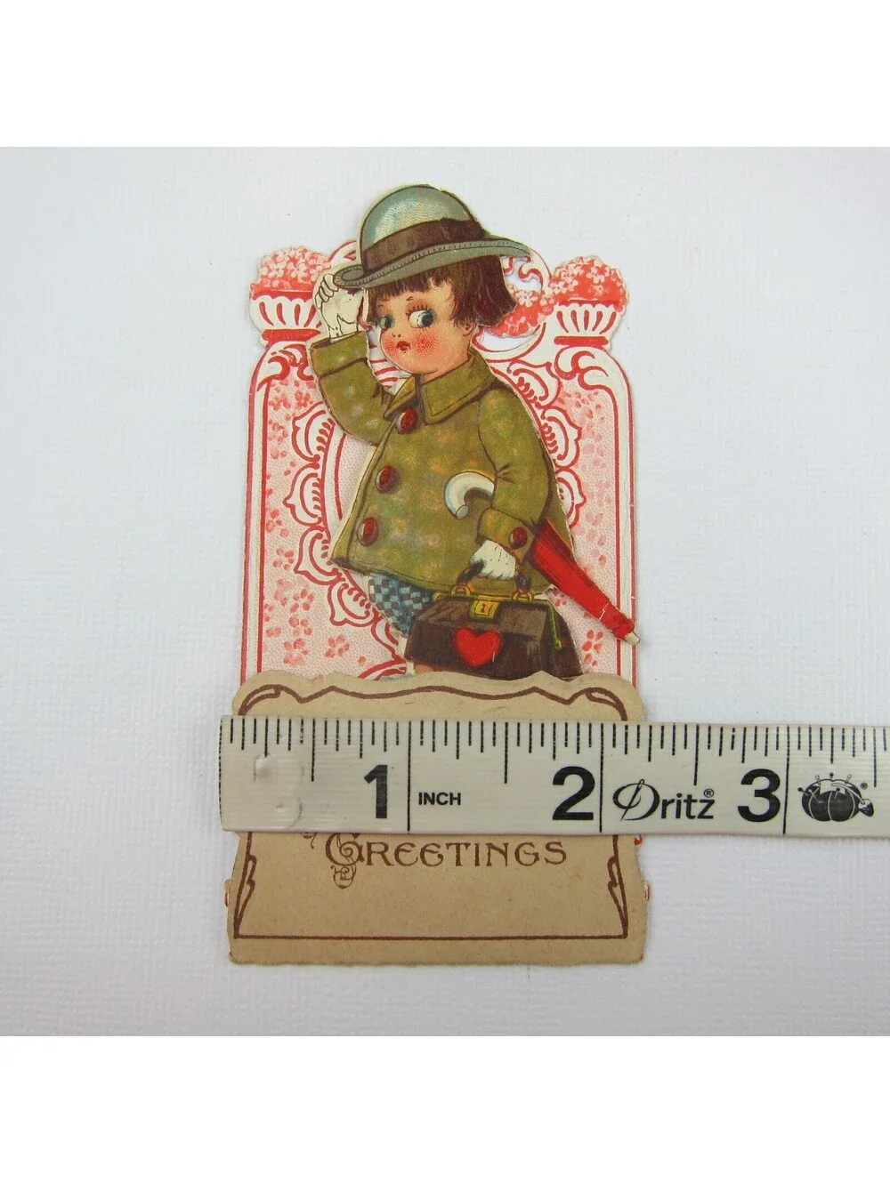 Vintage Valentine 3D Pop Up Die Cut Boy Green Coat & Hat Red Umbrella Black Bag